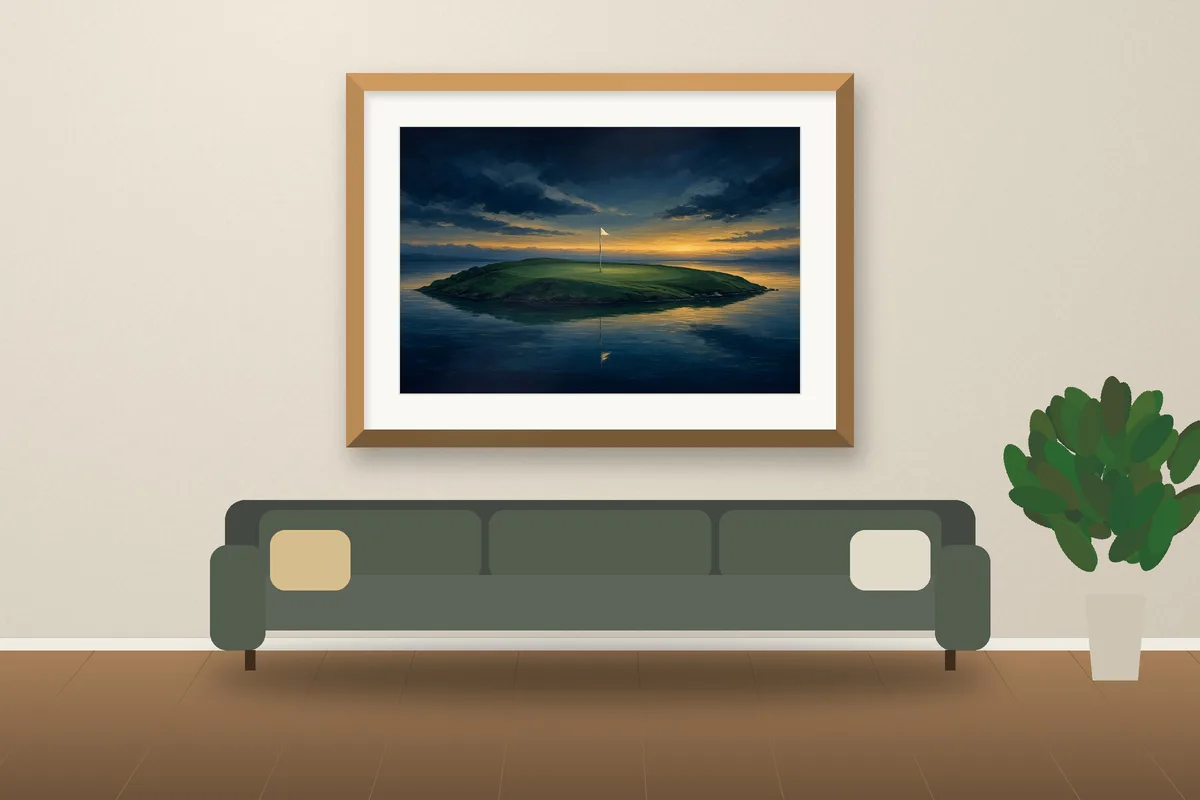 Blue Hour Island framed on a wall, printable golf wall art
