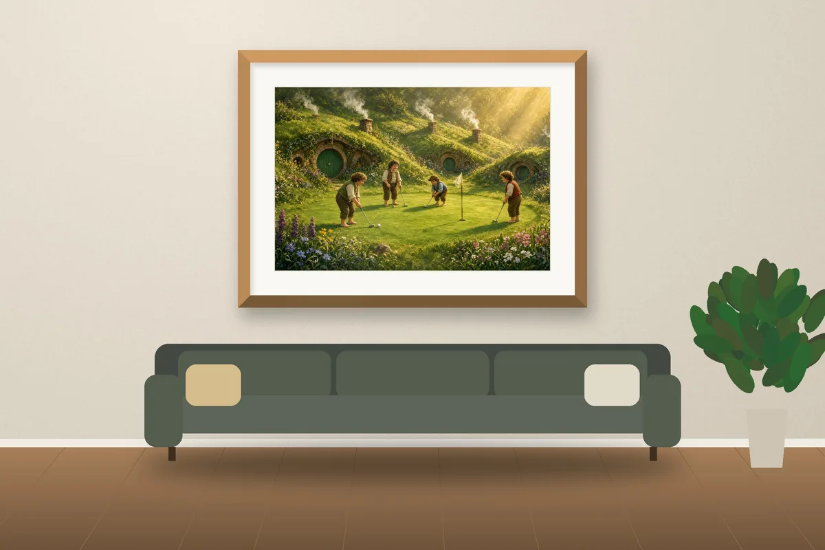 Second Breakfast at the Turn framed on a wall, printable golf wall art