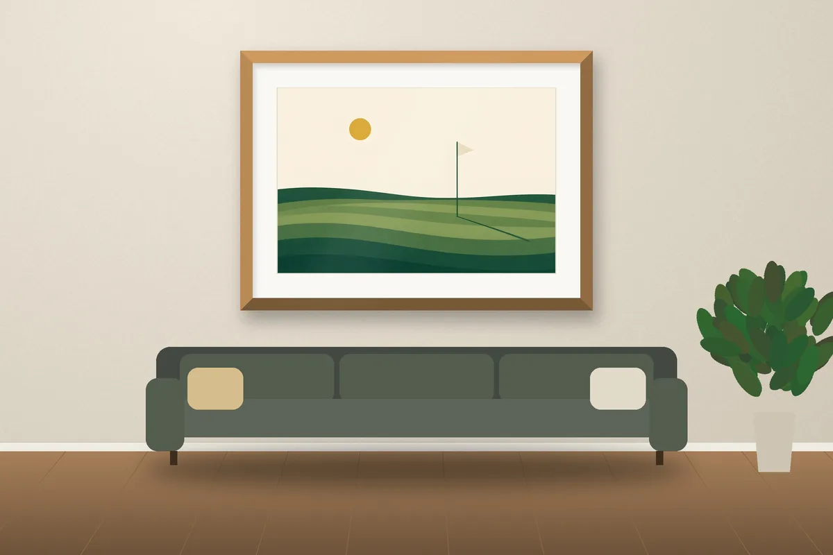 Pin at Dusk framed on a wall, printable golf wall art