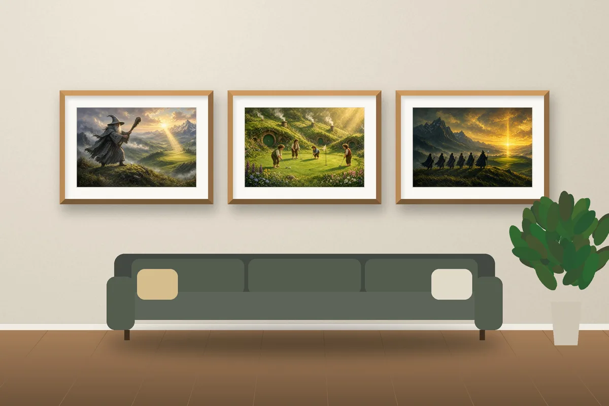 Wizard & Fellowship golf art set framed above a sofa